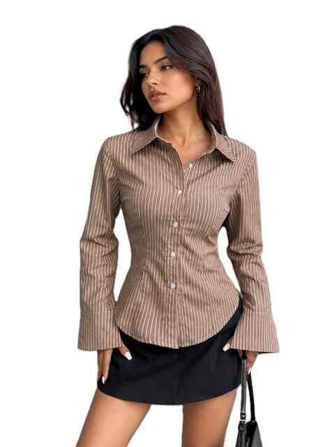 Women Shirt | Women Relaxed Fit Vertical Striped Spread Collar Cotton Casual Shirt (S-12-19)