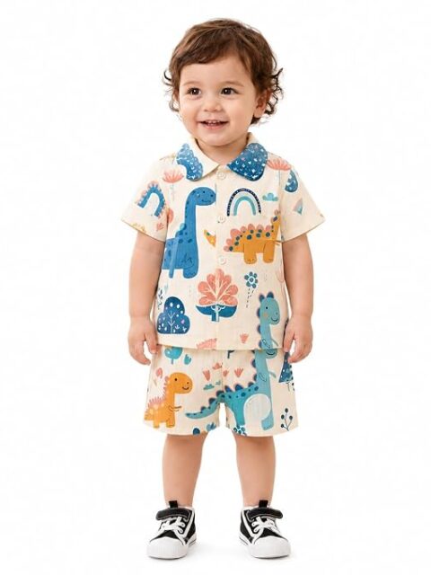 Baby Boys & girls Clothing Set | Ribbed Collar Shirt & Elastic Waist Shorts Co-Ord Set | Soft Breathable Casual Outfit for Toddlers & Kids | 2-Piece Clothing Set